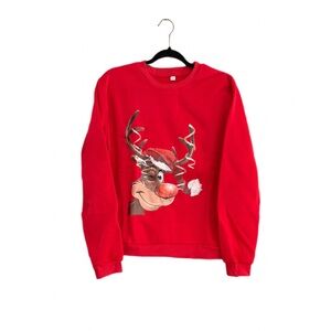 Red Christmas Reindeer Graphic Sweatshirt Pullover Holiday Crewneck Medium
